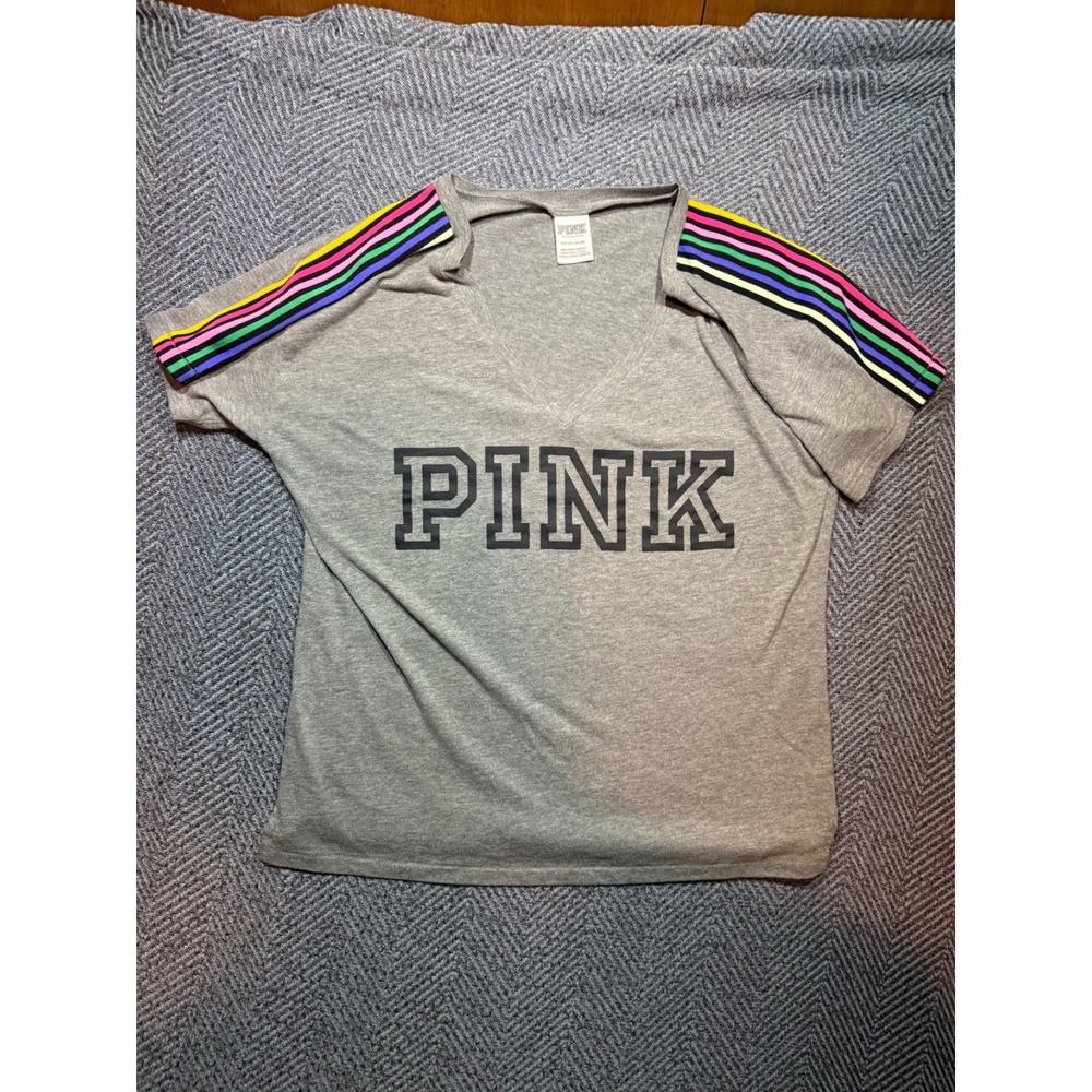 Victoria's Secret Pink Legging V-neck Tee Shirt Clay Gray Rainbow Stripes Small